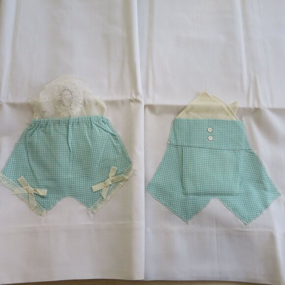 Vintage Stevens Pillowcase Set Boy Girl Gingham Pants Pocket Handkerchief Accent - Picture 9 of 13